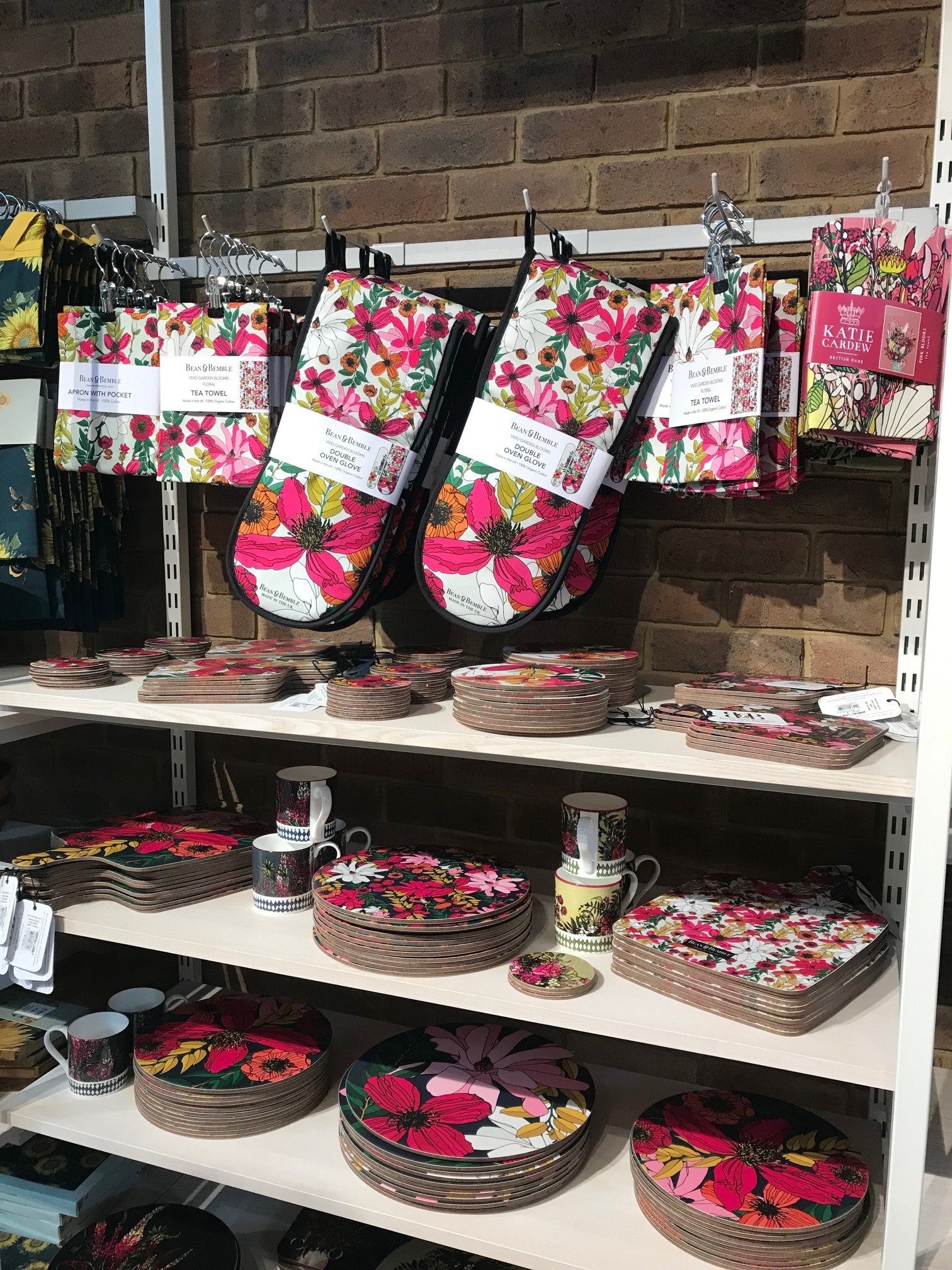 Bean and Bemble's beautiful colourful products on the shelves in the RHS Wisley Garden Center shop