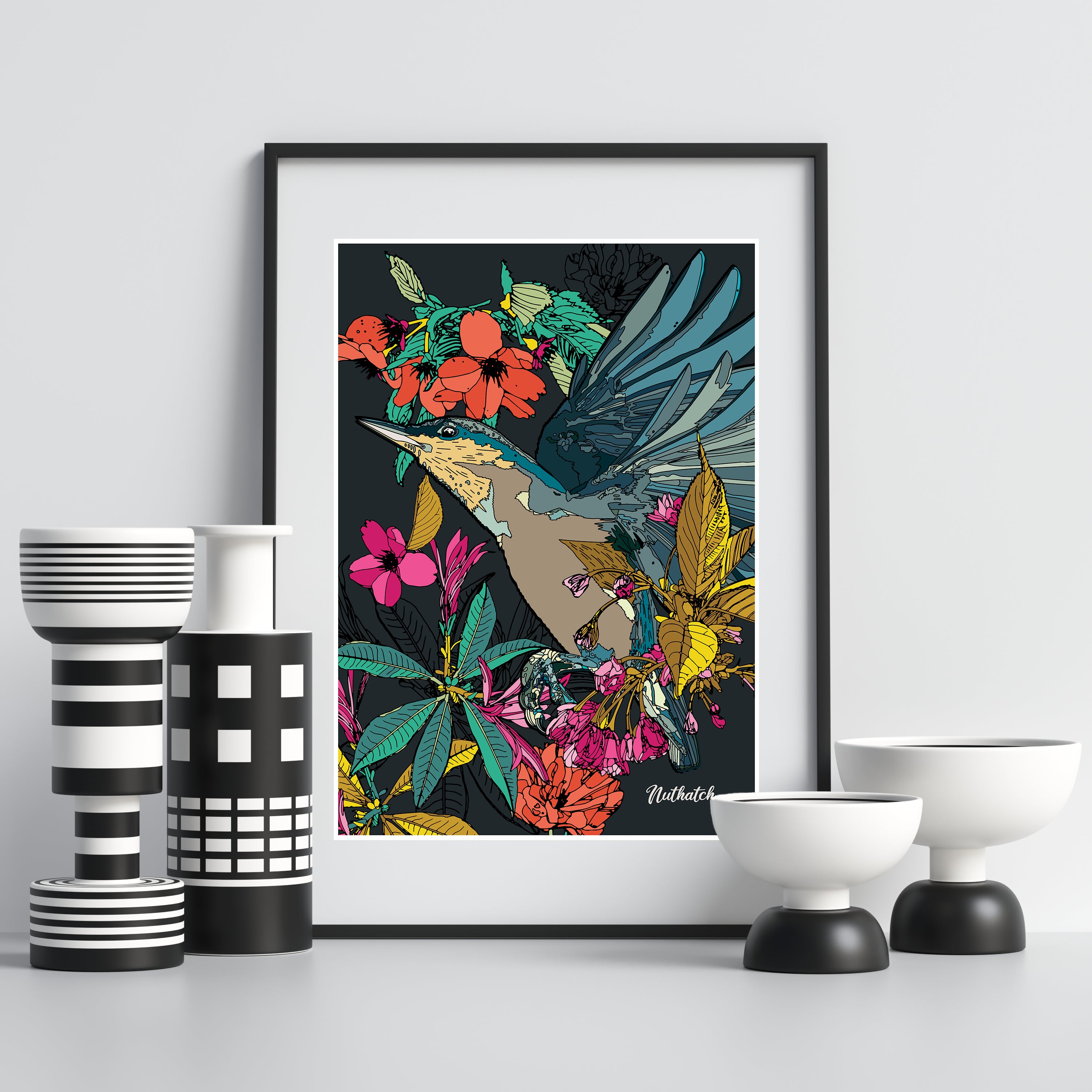 British garden bird art print in frame