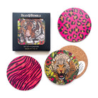 Pink leopard print round colourful drinks coasters in a gift box set