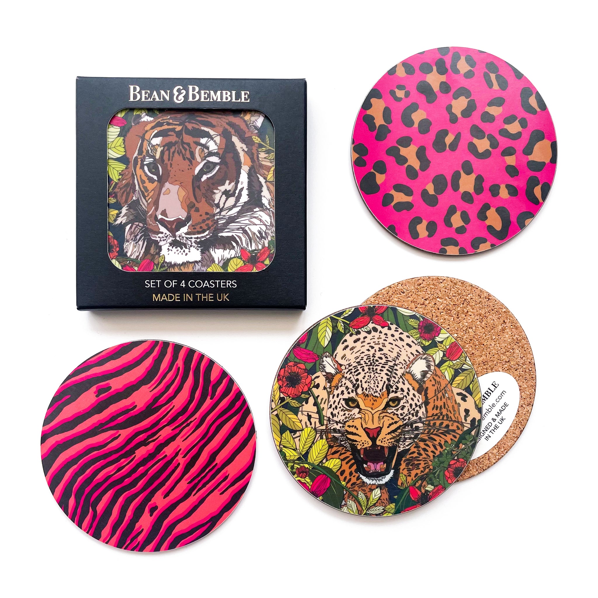 Pink leopard print round colourful drinks coasters in a gift box set