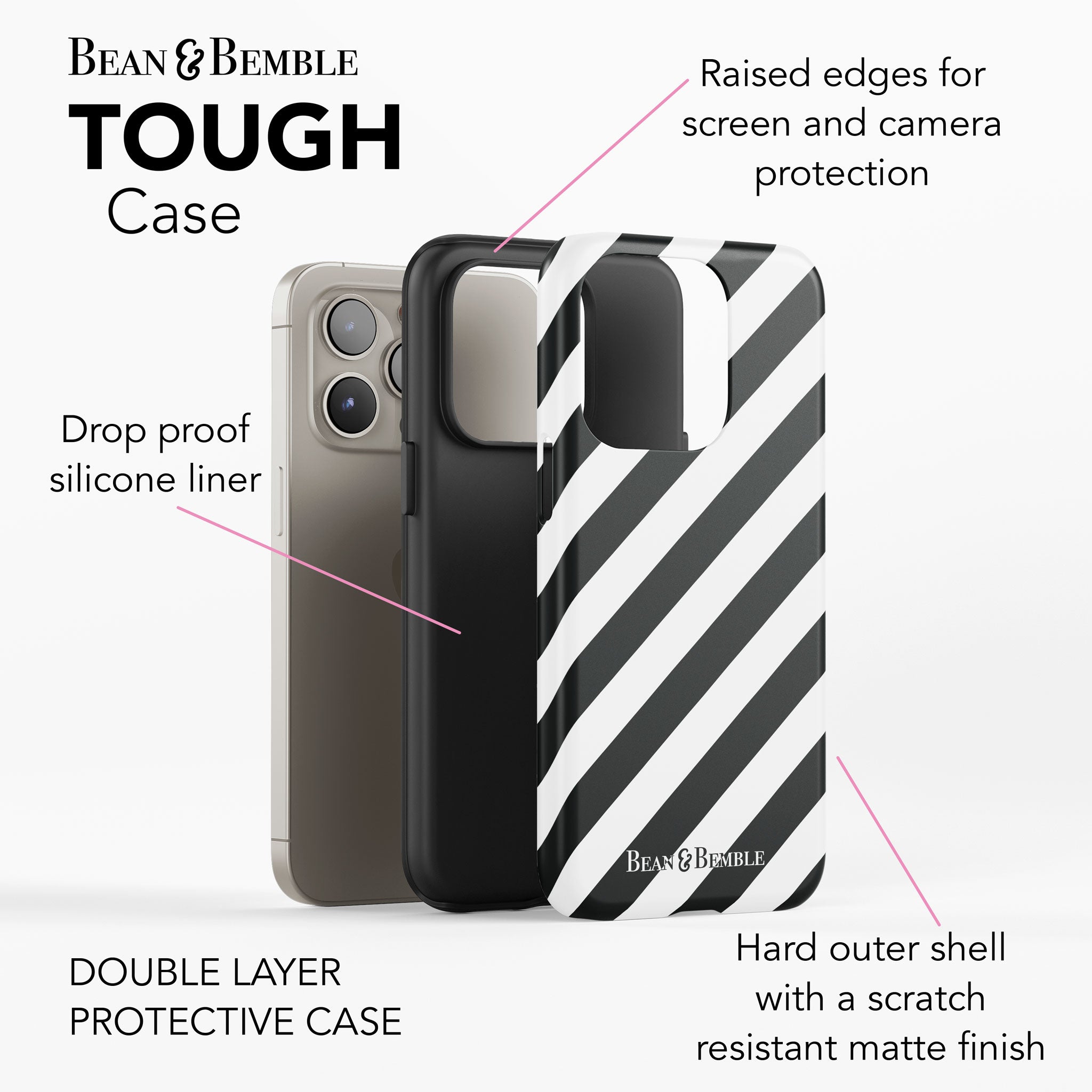 Monochrome striped tough phone case for iPhone, Samsung Galaxy, Google Pixel, and LG—bold and modern design