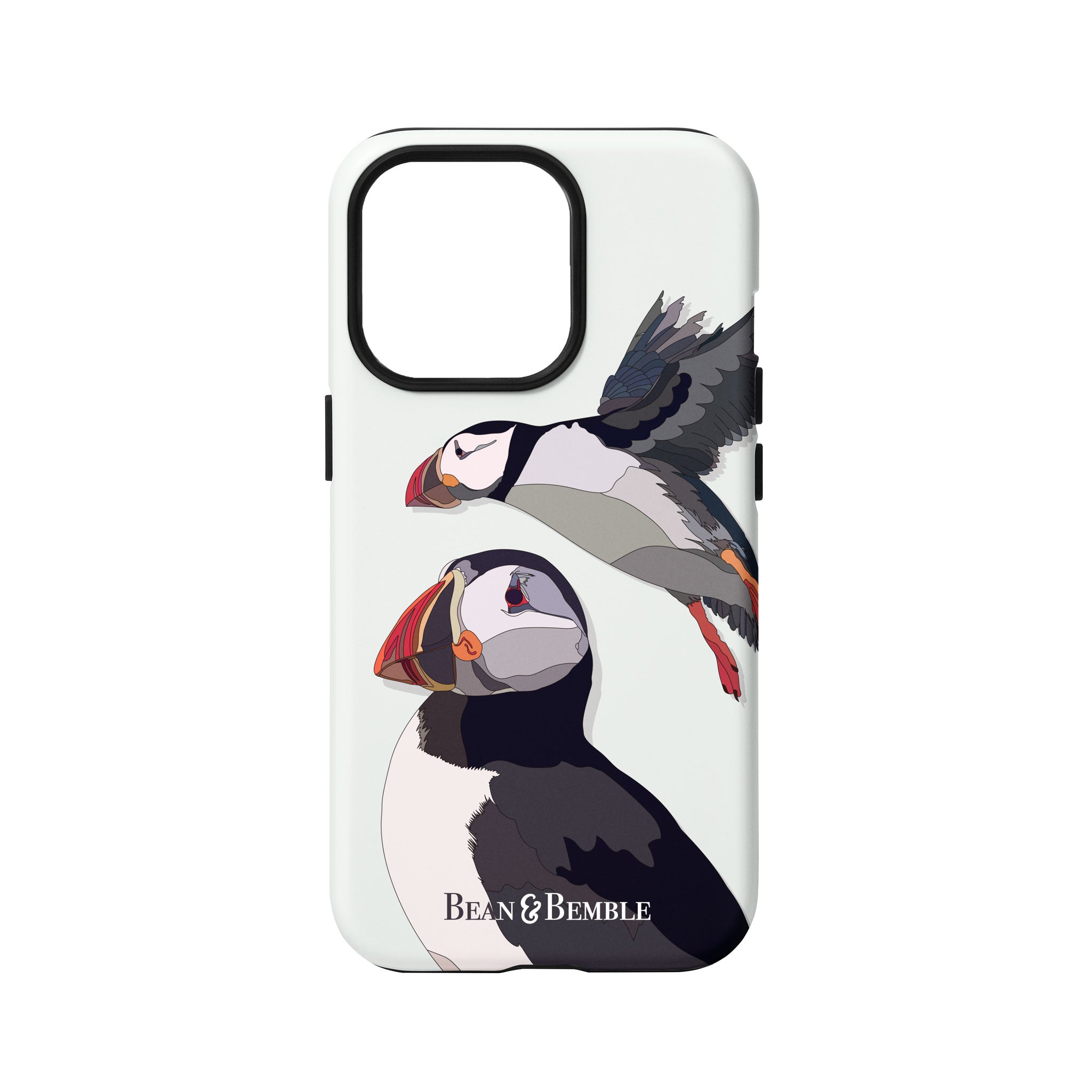 Puffins phone case for iPhone, featuring a hand-illustrated bird design with a durable, scratch-resistant finish