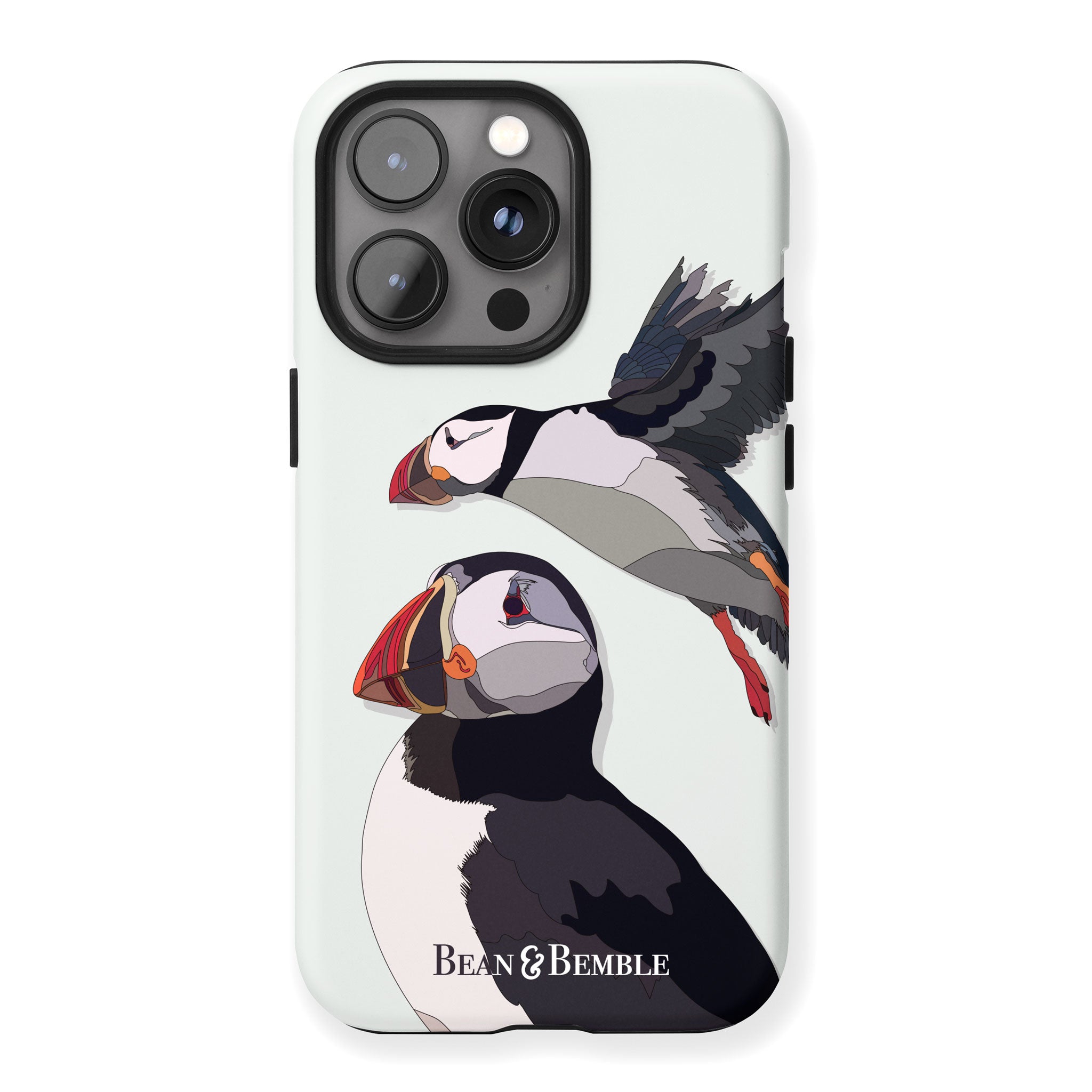 iPhone tough case with a puffin bird design, featuring a flying and perched puffin on a pale background