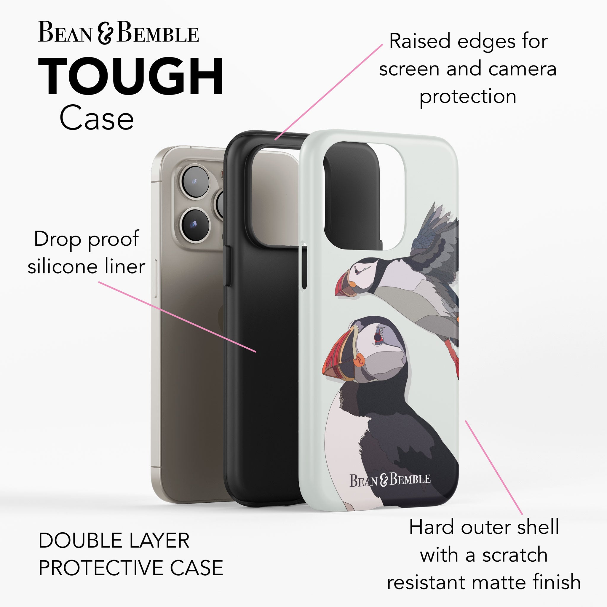 Double-layer tough phone case with a puffin design, showing its protective silicone inner and hard outer shell