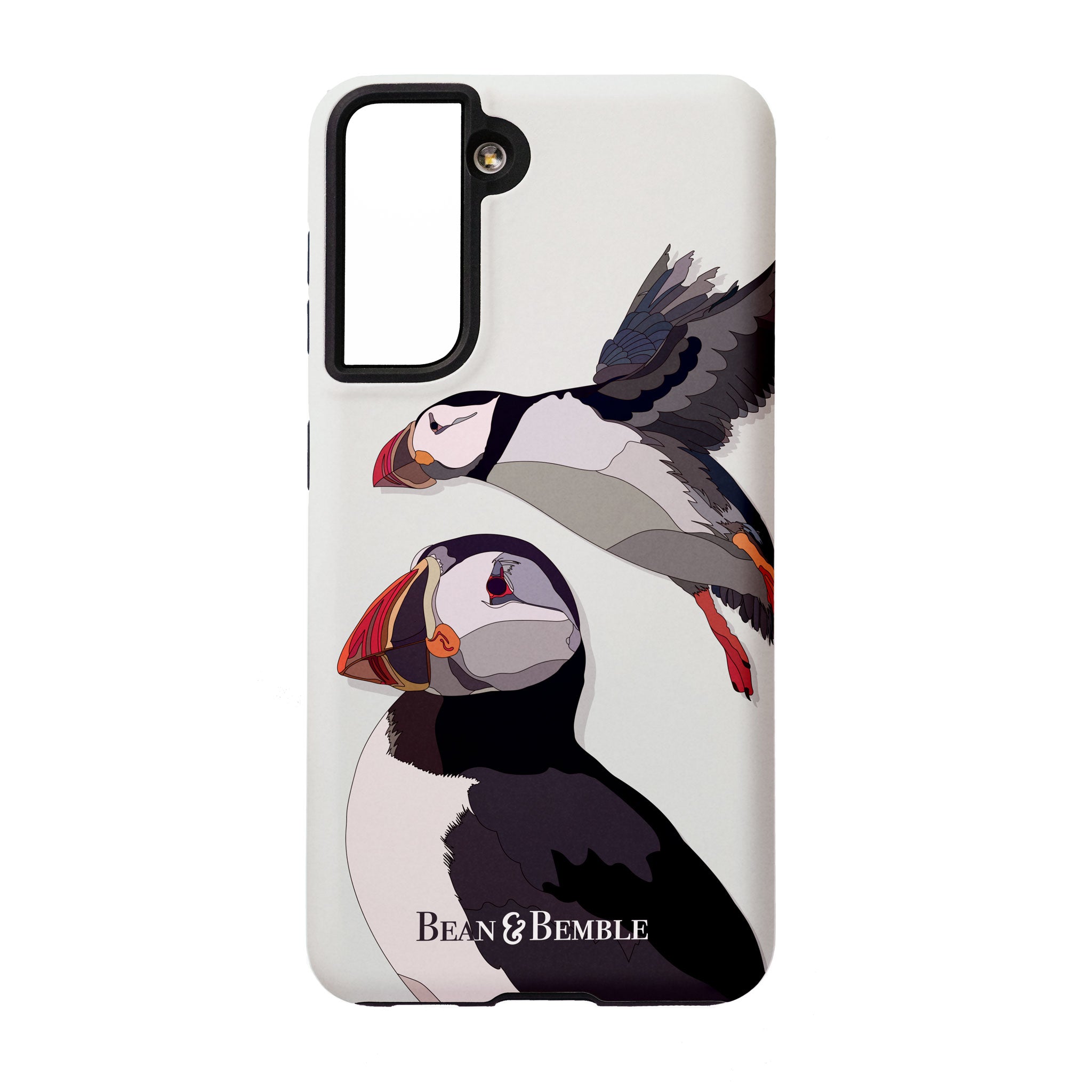 A puffin bird design tough phone case, highlighting its raised edges and camera cutout