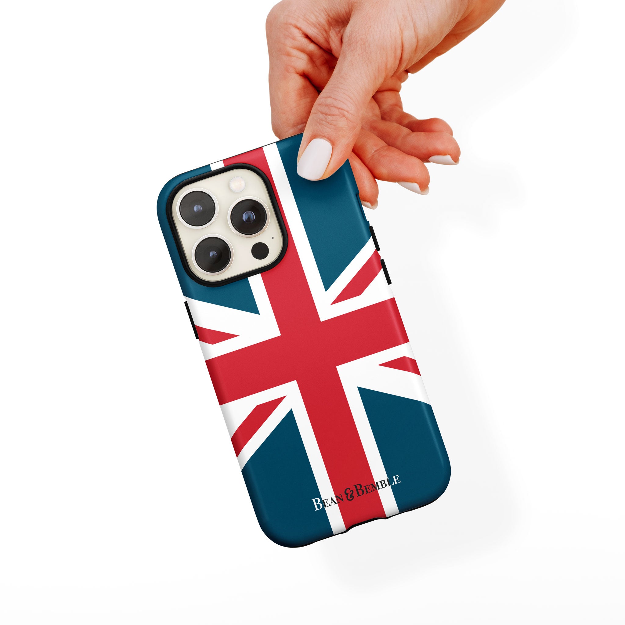 Close-up of a person holding a Union Jack phone case for iPhone, Samsung Galaxy, Google Pixel, and LG, showing precise camera cutouts