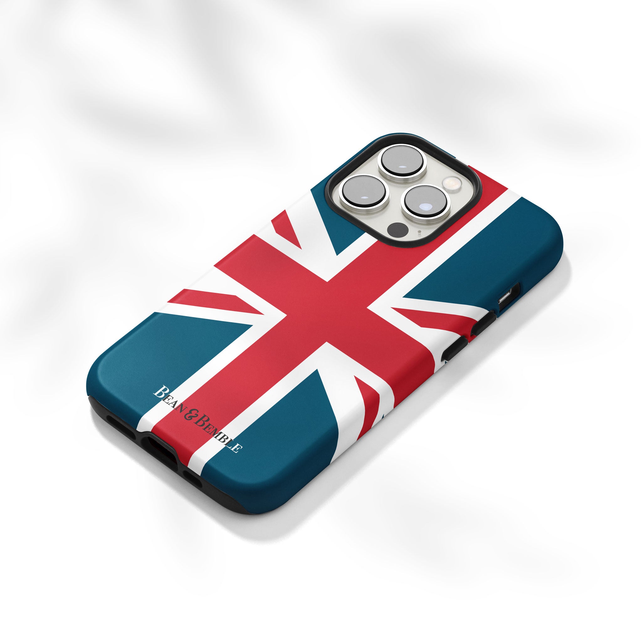 Angled view of the Union Jack tough case for iPhone, Samsung Galaxy, Google Pixel, and LG, highlighting its sleek and durable finish