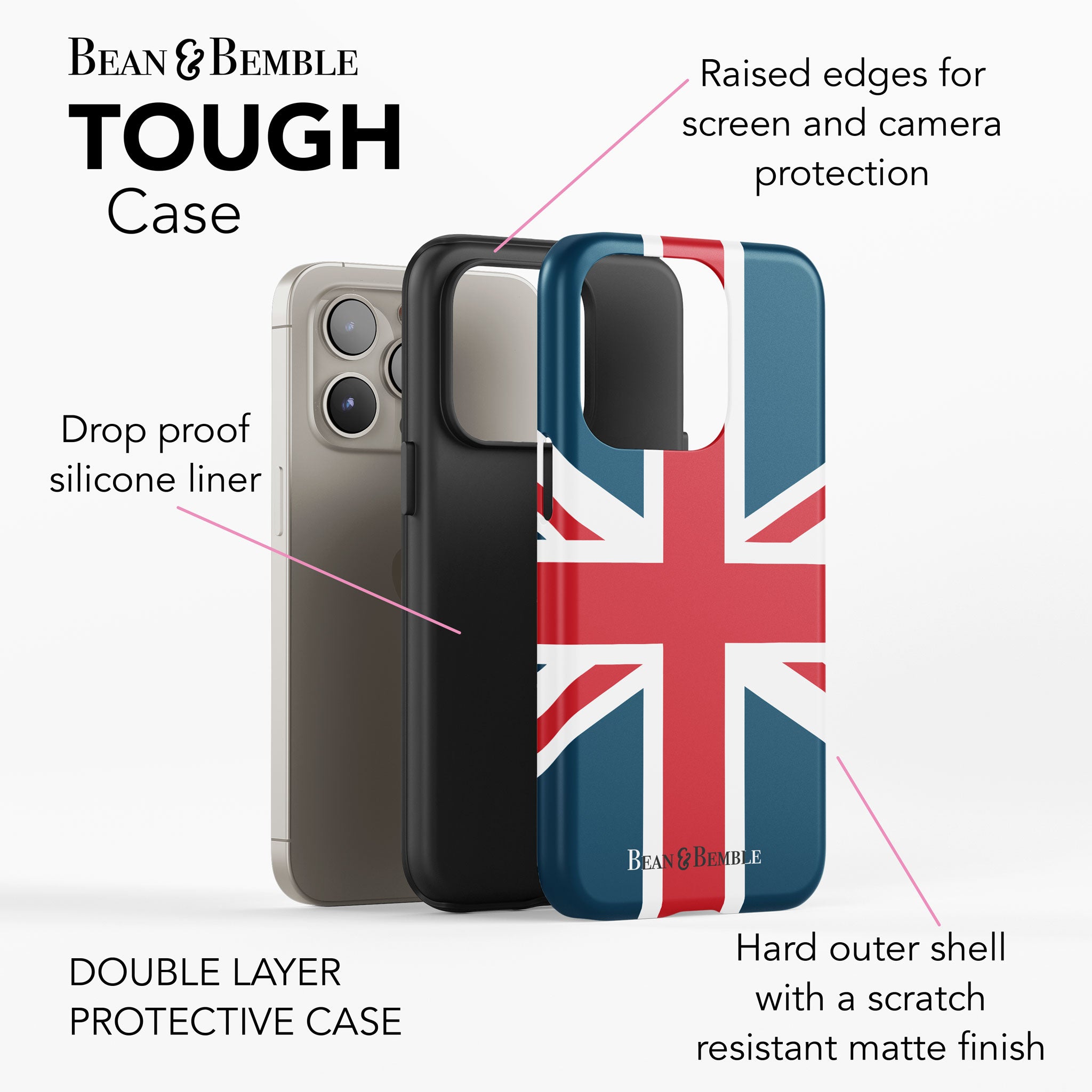 Dual-layer Union Jack phone case for iPhone, Samsung Galaxy, Google Pixel, and LG with a shockproof silicone liner and a hard outer shell