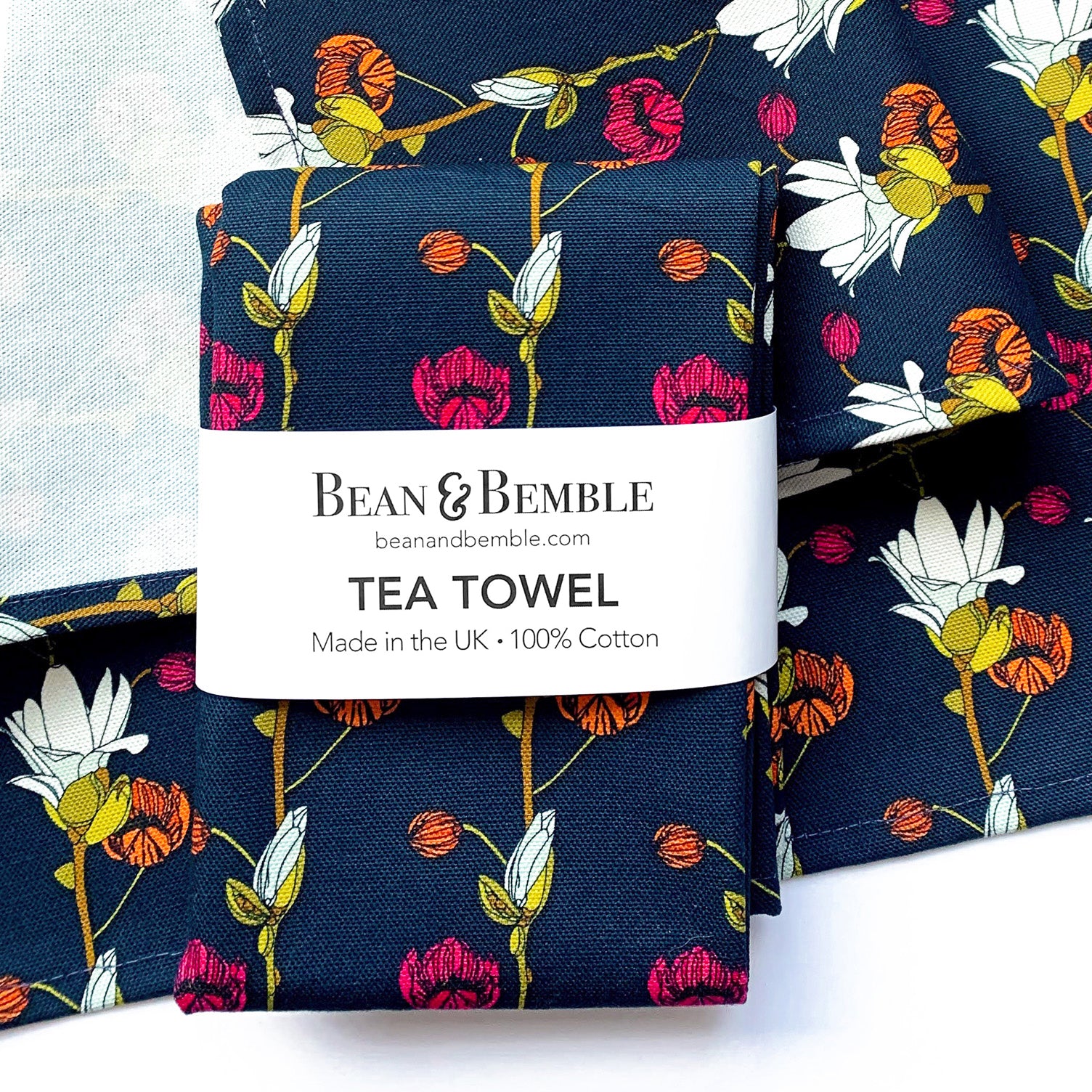 Tea Towel Organic Cotton Vivid Garden Blooms Navy Stripe Bean and Bemble